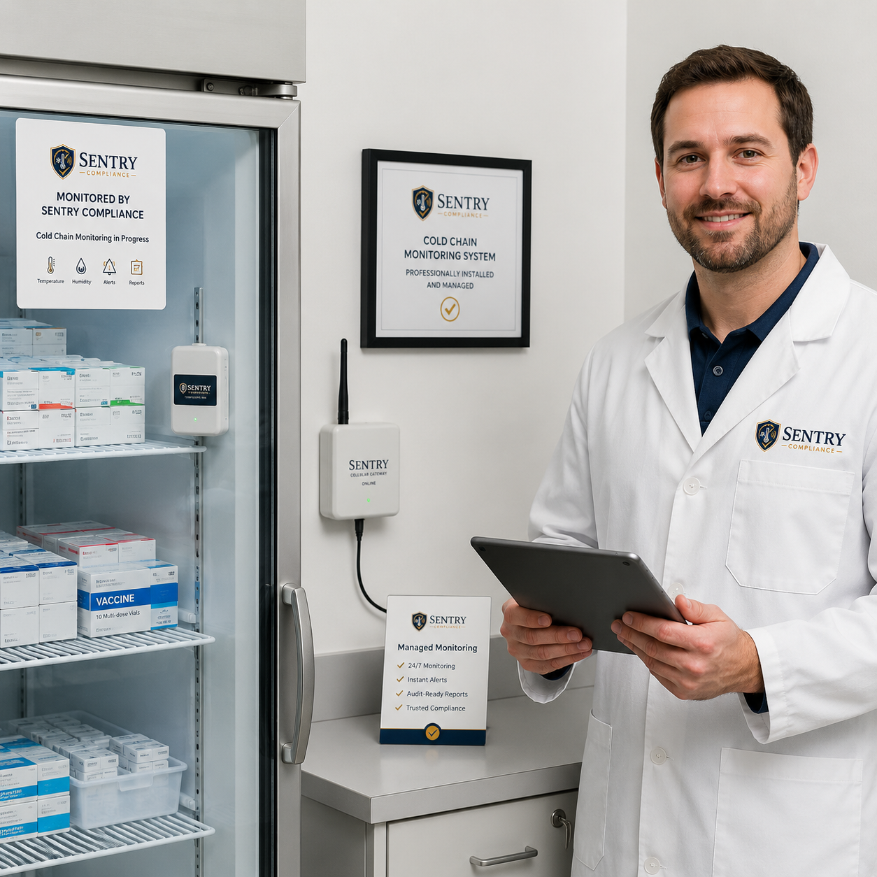 Pharmacist standing next to a vaccine fridge with Sentry Compliance wireless sensor and cellular gateway professionally installed
